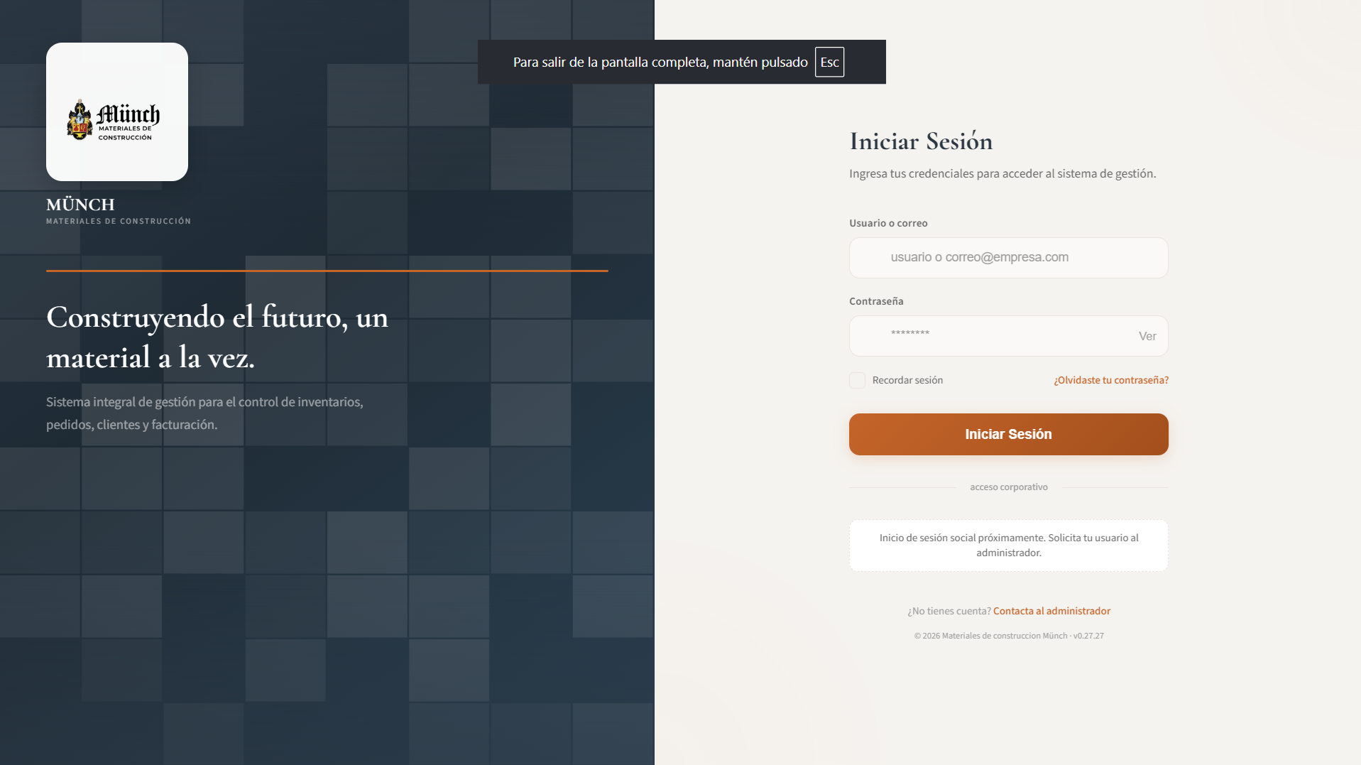 Pantalla de acceso al sistema de gestión de materiales de construcción Münch