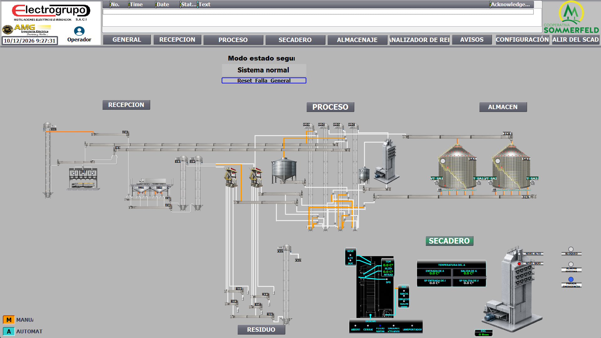Diagrama SCADA de una planta de silos con recepción, secado y almacenaje